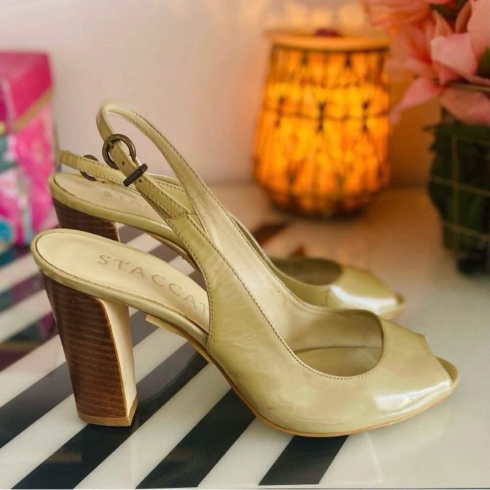 Staccato Beige Patent Leather Slingback Heels
